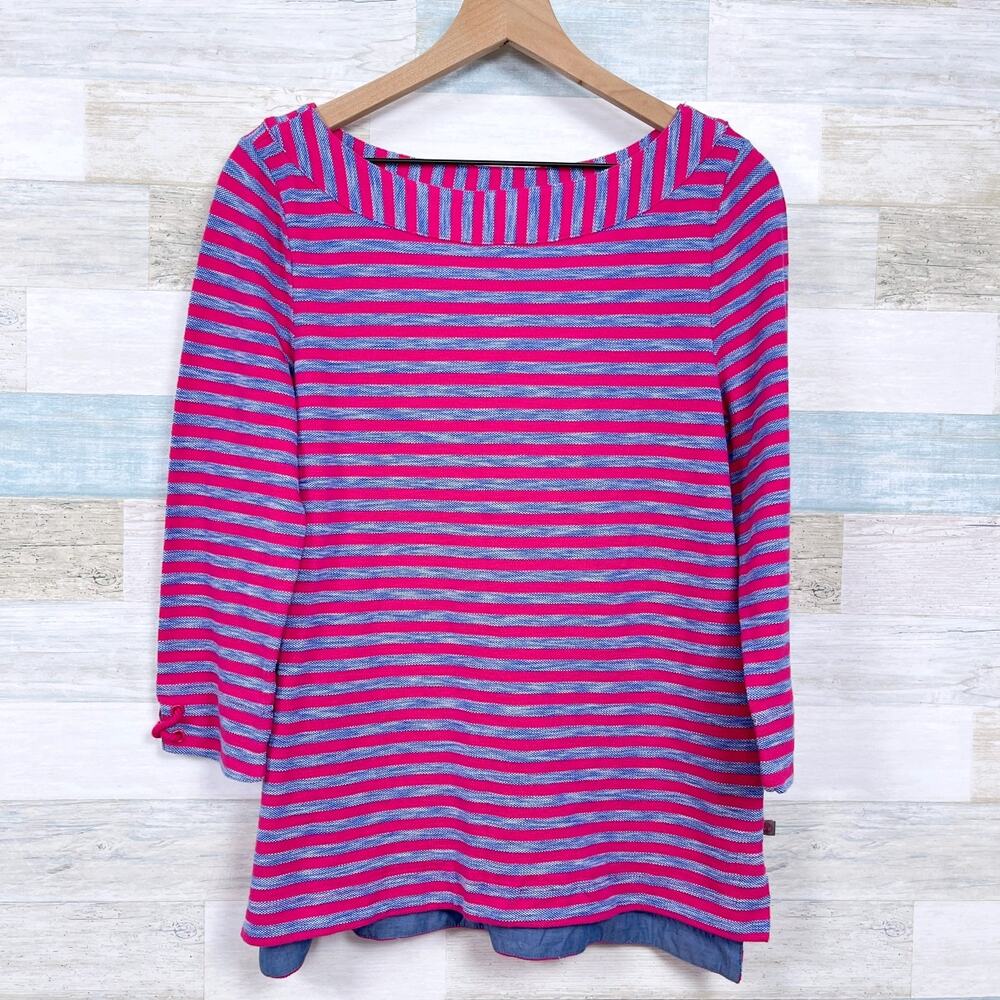 T By Talbots Striped Pique Knit Top Pink Blue 3/4 Sleeve Boat Neck Womens Medium
